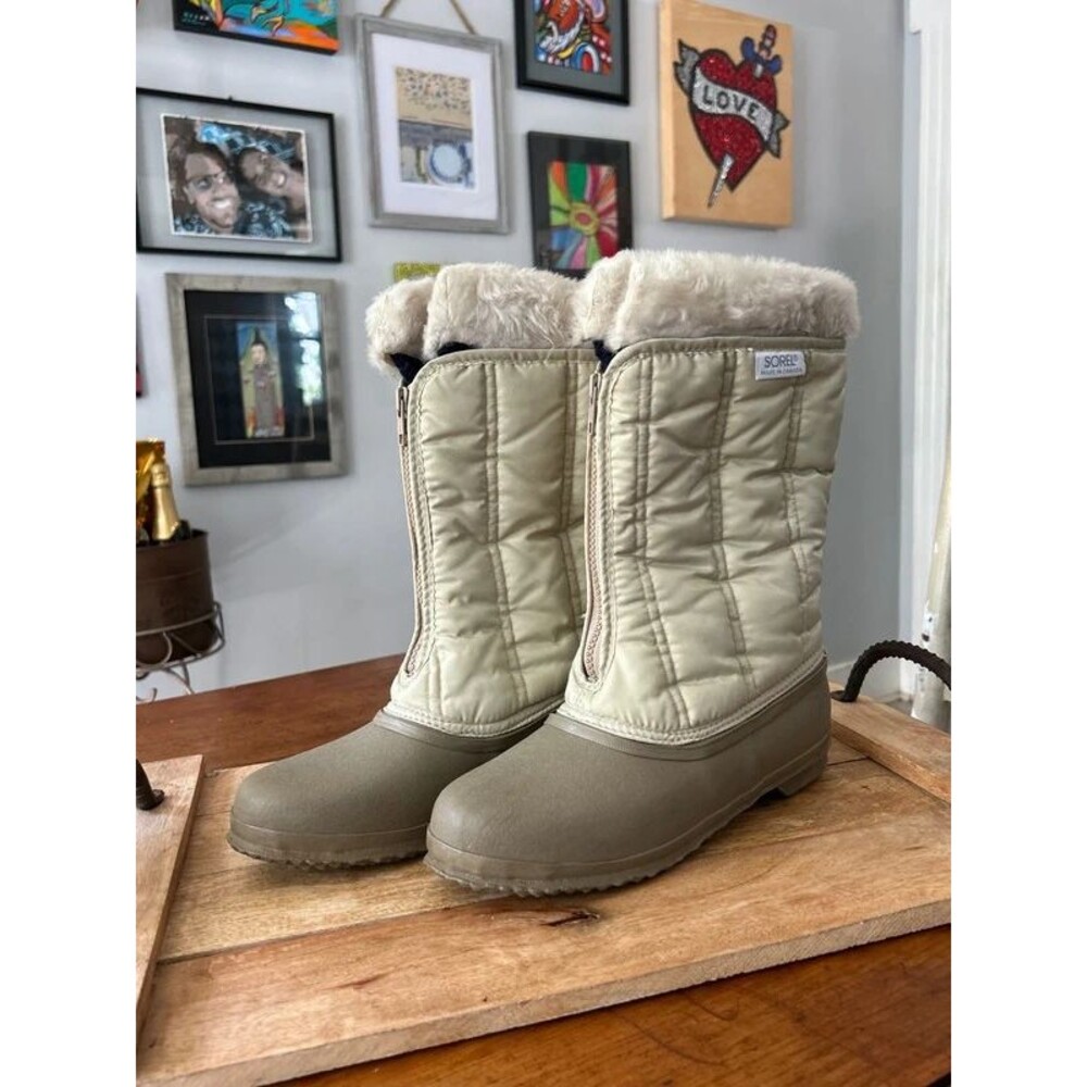 Vintage Size 9 80s/90s Sorel Quilted Puffer Duck Boots Beige Cream Wool Lining